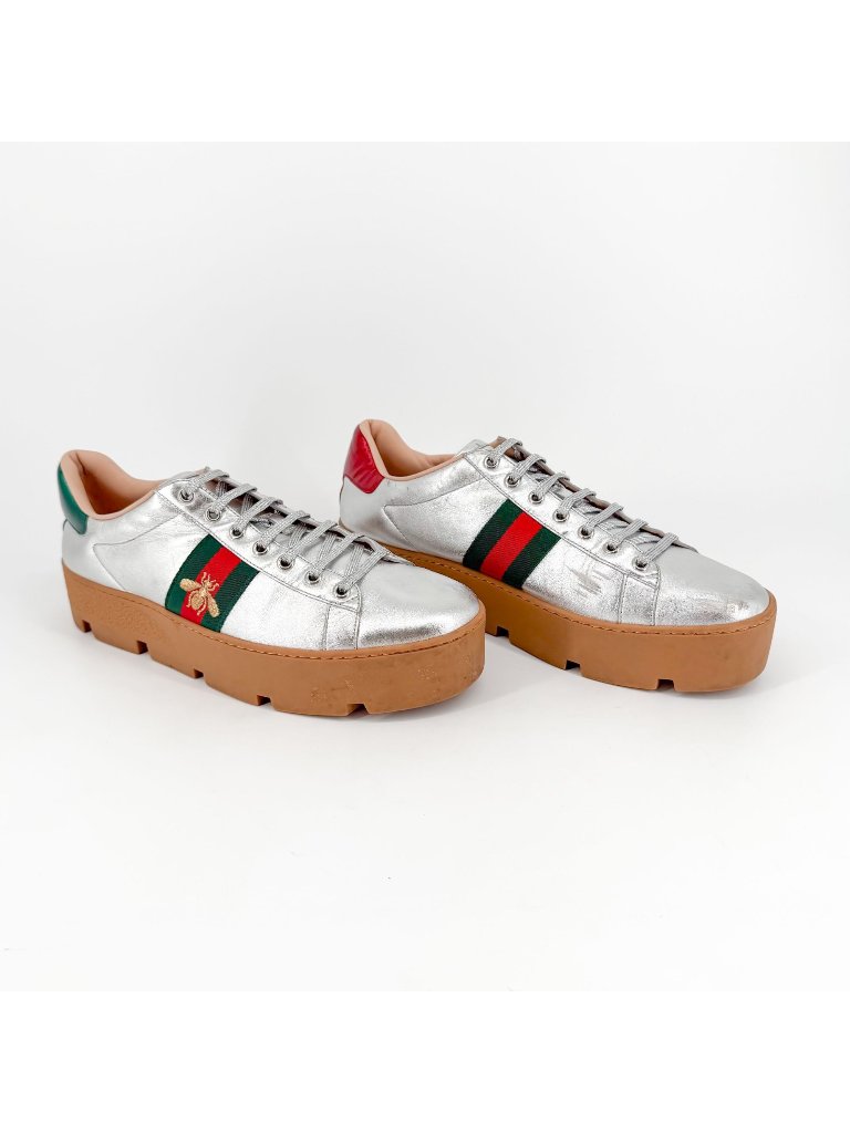 Gucci Ace Bee Silver Leather Platform Low Top Sneakers Shoes Size 41 Us 11 Women